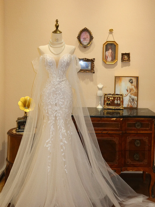 Gentle Mermaid Off the Shoulder White Lace Applique Tulle Prom Dress Wedding Dress DP3919