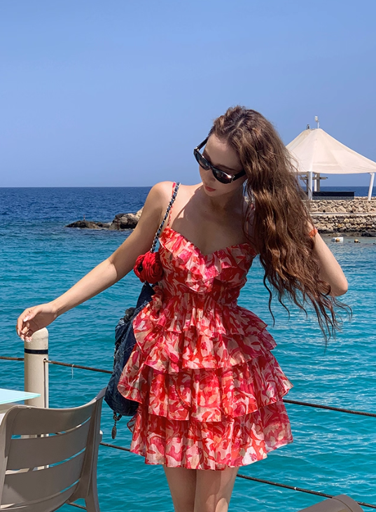 Red Print Floral A Line Spaghetti Strap Layered Chiffon Short Homecoming Dress Vacation Dresses DP3643