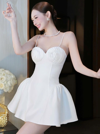 Cute A Line Spaghetti Straps Pleated Black Satin Short Homecoming Dress Cocktail Dress DP3946
