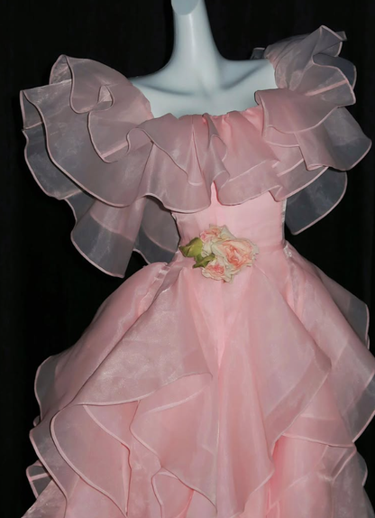 Princess Pink Ball Gown Straps Ruffle Organza Prom Dress Quinceanera Dress DP6606
