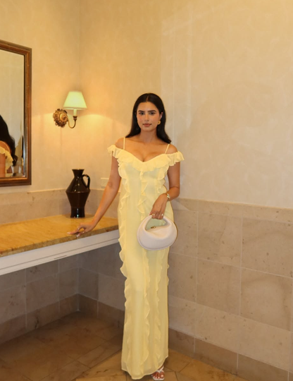 Yellow A Line Off the Shoulder Ruffles Chiffon Long Prom Dress Evening Dress DP1522