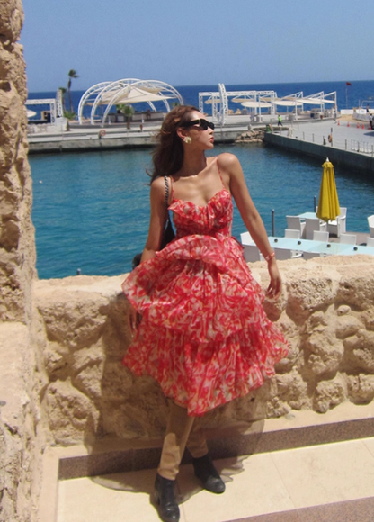 Red Print Floral A Line Spaghetti Strap Layered Chiffon Short Homecoming Dress Vacation Dresses DP3643