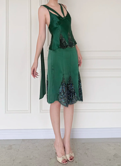 Vintage Two Piece Exquisite Beaded Emerald Satin Short Prom Dress Homecoming Dress DP5162