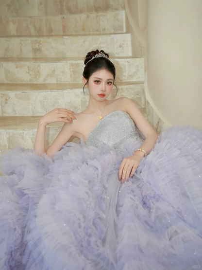 Gorgeous Ball Gown Strapless Silver Sequin Purple Tulle Long Party Dress Prom Dress DP2505