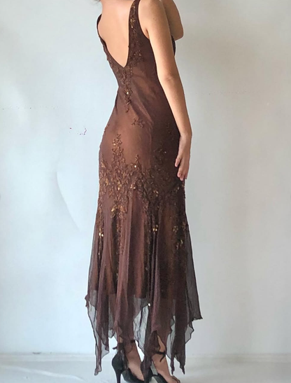 Vintage Mermaid V Neck Beaded Sequin Brown Chiffon Prom Dress Evening Dress DP1733
