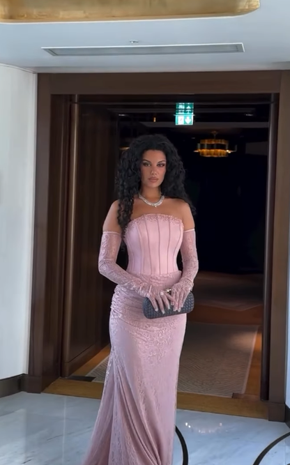 Pink Sheath Strapless Beaded Lace Prom Dress Wedding Guest Dress DP4342