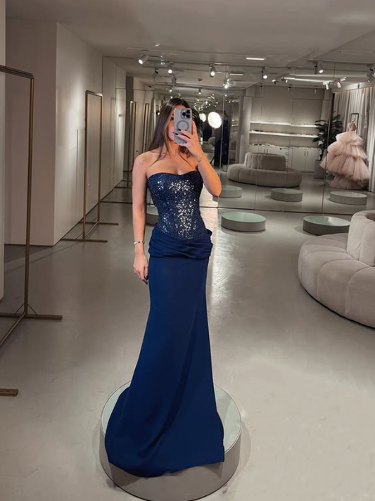 Classic Navy Blue Strapless Sequin Satin Long Prom Dress Party Dress Wedding Guest Dress DP4113