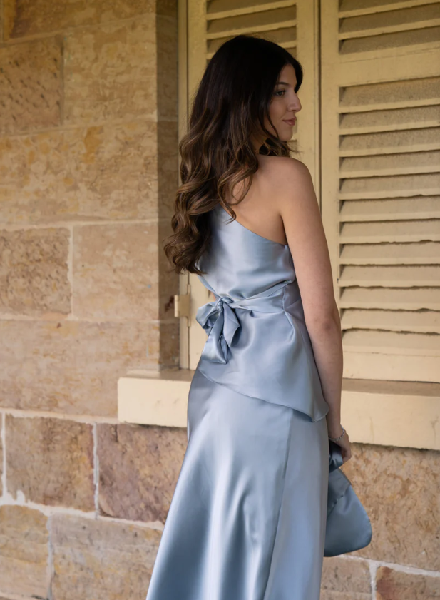 Chambray Blue Elegant A Line One Shoulder Satin Bridesmaid Dress DP4972