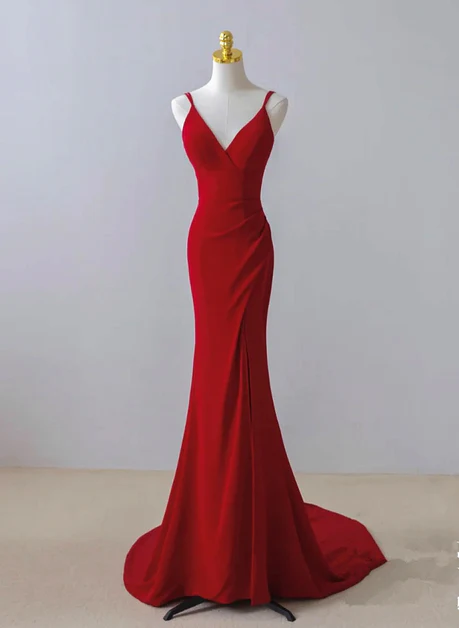 Pretty Red Mermaid Straps Long Evening Dress Slit Prom Dress DP385