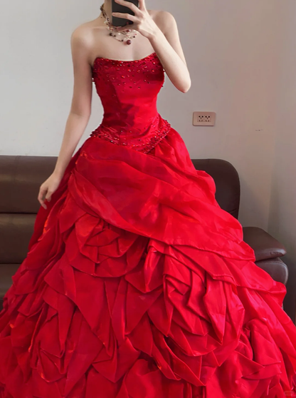 Red Ball Gown Strapless Beaded Pleated Satin Organza Long 16th Birthday Dress Party Dress Quinceanera Dress DP4087