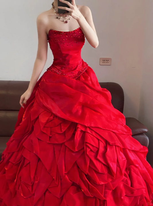 Red Ball Gown Strapless Beaded Pleated Satin Organza Long 16th Birthday Dress Party Dress Quinceanera Dress DP4087