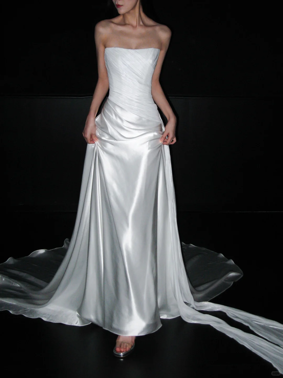 Beautiful Sheath Strapless Pleated Tulle Satin Long Wedding Dress DP8109