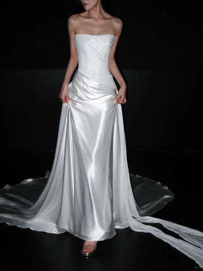 Beautiful Sheath Strapless Pleated Tulle Satin Long Wedding Dress DP8109