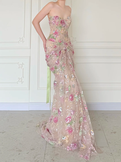 Luxurious Mermaid Strapless Floral Sequin Tulle Long Prom Dress Evening Dress DP5473