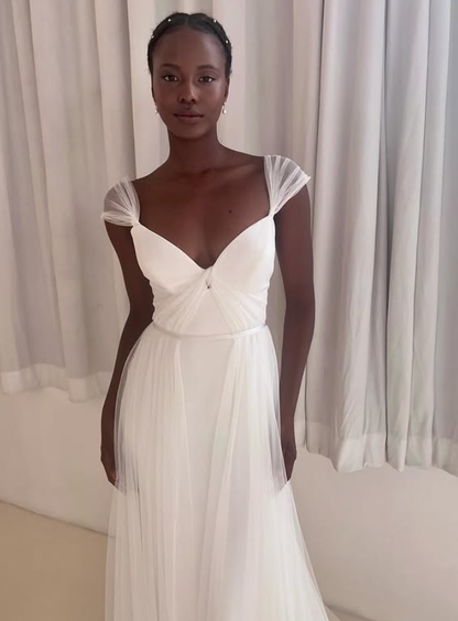 Pretty A Line Straps White Tulle Satin Long Wedding Dress DP4301