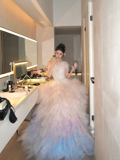 Gorgeous Ball Gown Strapless Feather Layered Tulle Long Party Dress Evening Dress DP2545