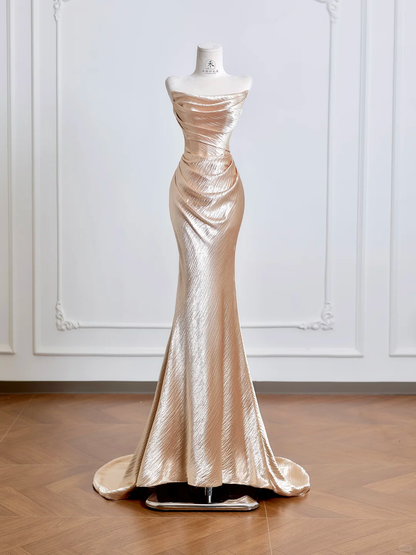 Classy Mermaid Strapless Pleated Golden Satin Long Prom Dresses DP4182