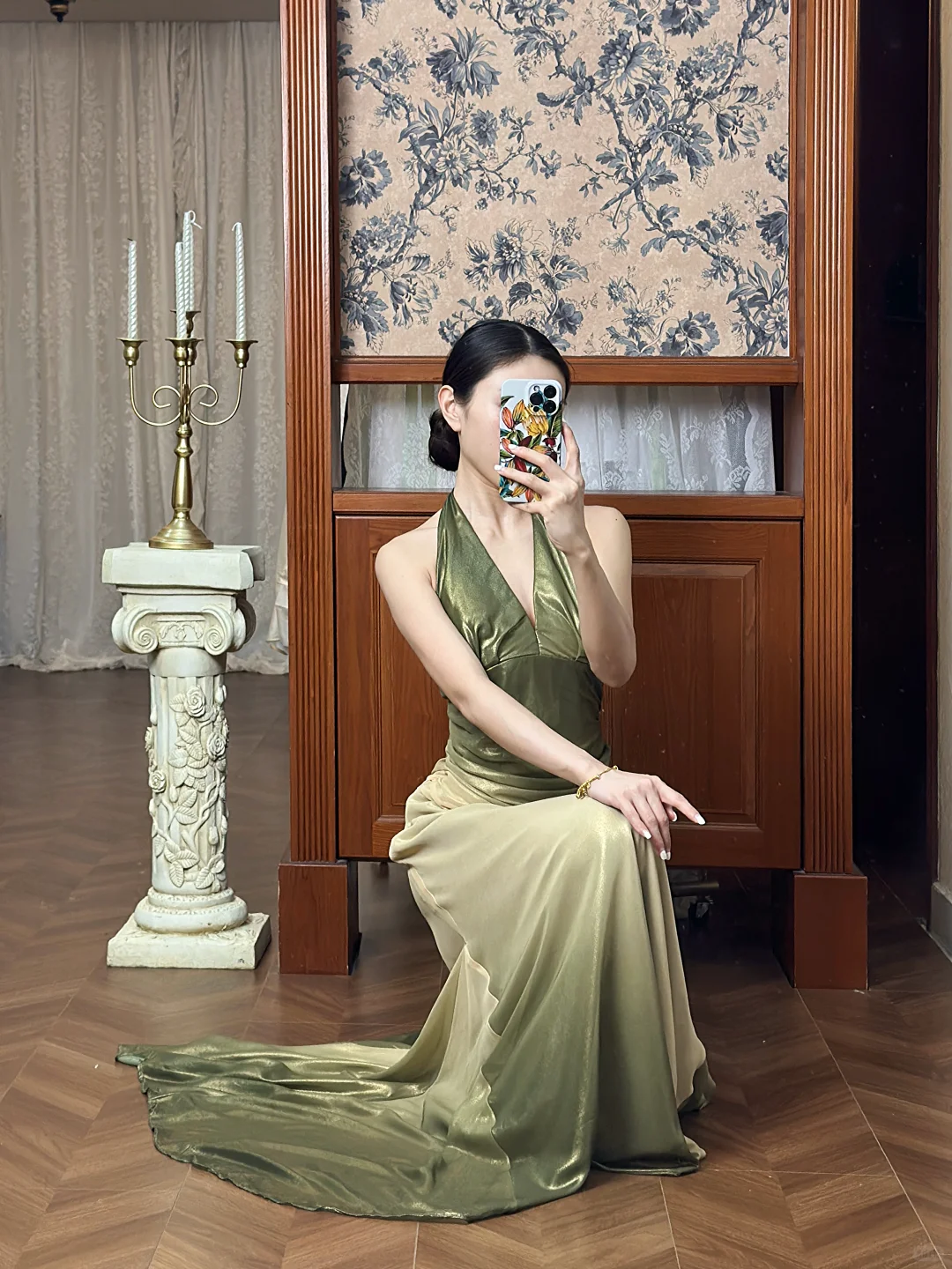 Vintage Green Ombre Mermaid Halter Chiffon Open Back Prom Dress DP4824