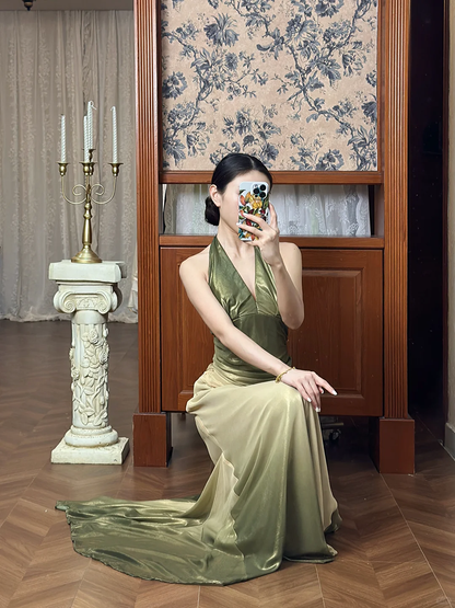 Vintage Green Ombre Mermaid Halter Chiffon Open Back Prom Dress DP4824