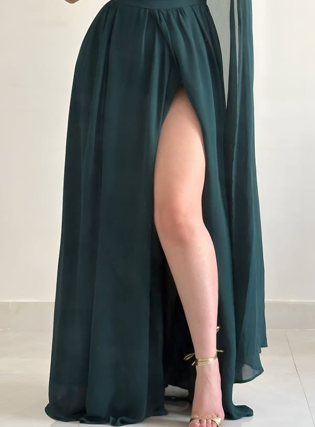 Vintage Dark Green A Line One Shoulder Chiffon Slit Prom Dress Evening Dress DP6413