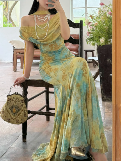 Unique Blue-green Ombre Mermaid Print Floral Chiffon Prom Dress Evening Dress DP6456