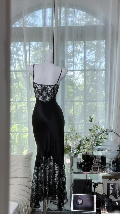 Sexy Vintage Black Mermaid Straps Beaded Lace Satin Prom Dress DP4946