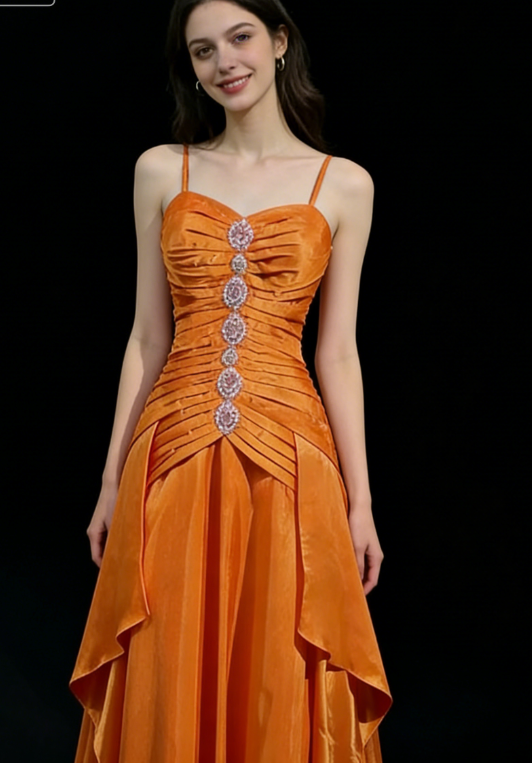 Vintage A Line Spaghetti Strap Beaded Pleated Bright Orange Satin Prom Dress Party Dress DP2765