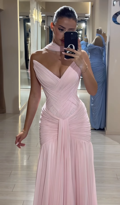 Gentle Pink Mermaid V Neck Pleated Chiffon Long Prom Dress Evening Dress DP4391