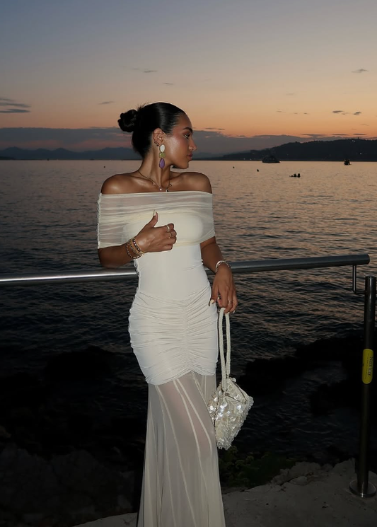 Champagne Mermaid Off the Shoulder Chiffon Satin Long Prom Dress Evening Dress DP1291
