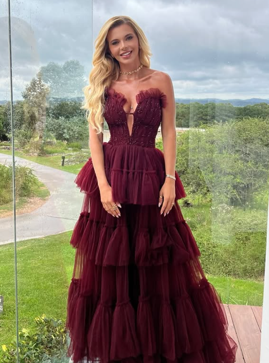 Dark Burgundy A Line Strapless Beaded Layered Tulle Long Prom Dress Evening Dress DP6216