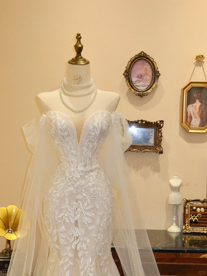 Gentle Mermaid Off the Shoulder White Lace Applique Tulle Prom Dress Wedding Dress DP3919