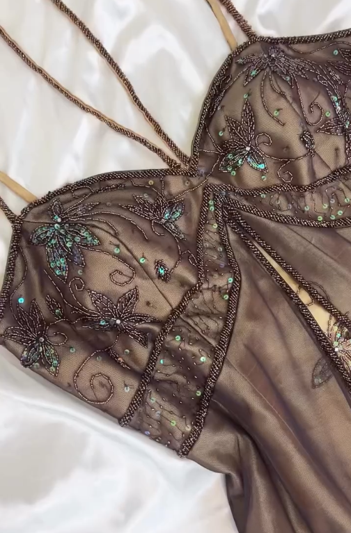 Vintage A Line Spaghetti Strap Beaded Brown Tulle Yellow Satin Prom Dress Party Dress DP3116