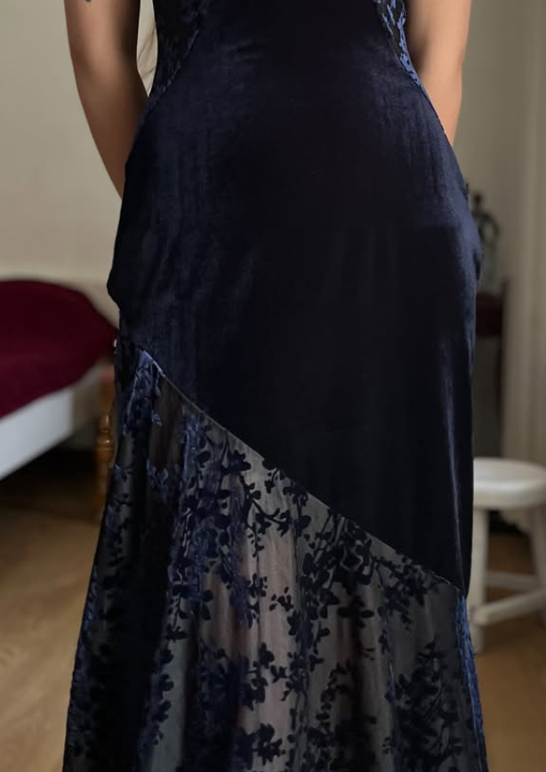 Vintage Sheath Spaghetti Strap Dark Blue Lace Velvet Prom Dress Evening Dress DP5726