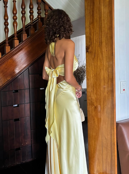 Elegant A Line Halter Yellow Bow Satin Open Back Prom Dress Graduation Prom Dress DP2167