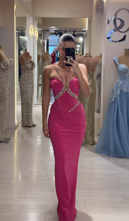Hot Pink Sheath Halter Rhinestone Velvet Long Prom Dress Evening Dress DP4393