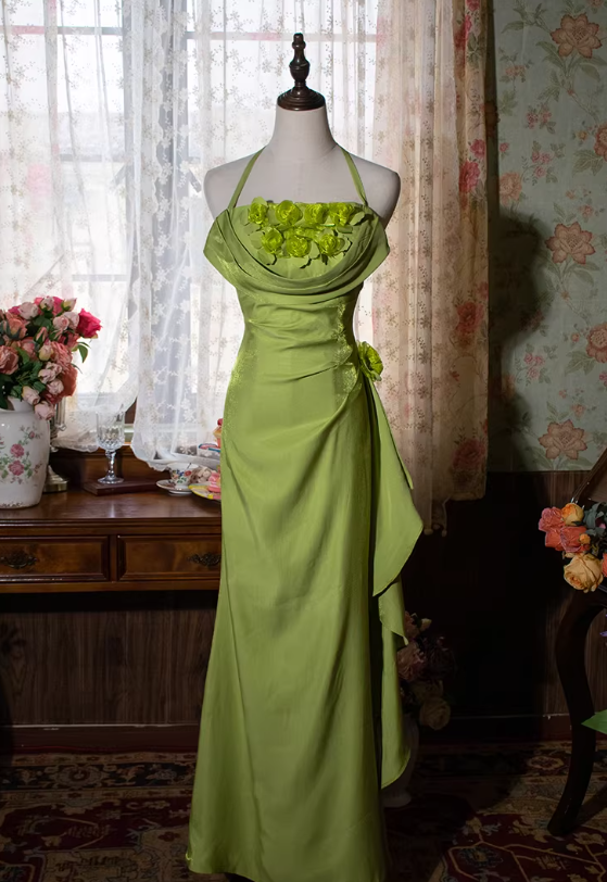 Pretty Green Mermaid Halter Floral Satin Long Prom Dress Outfits DP4698