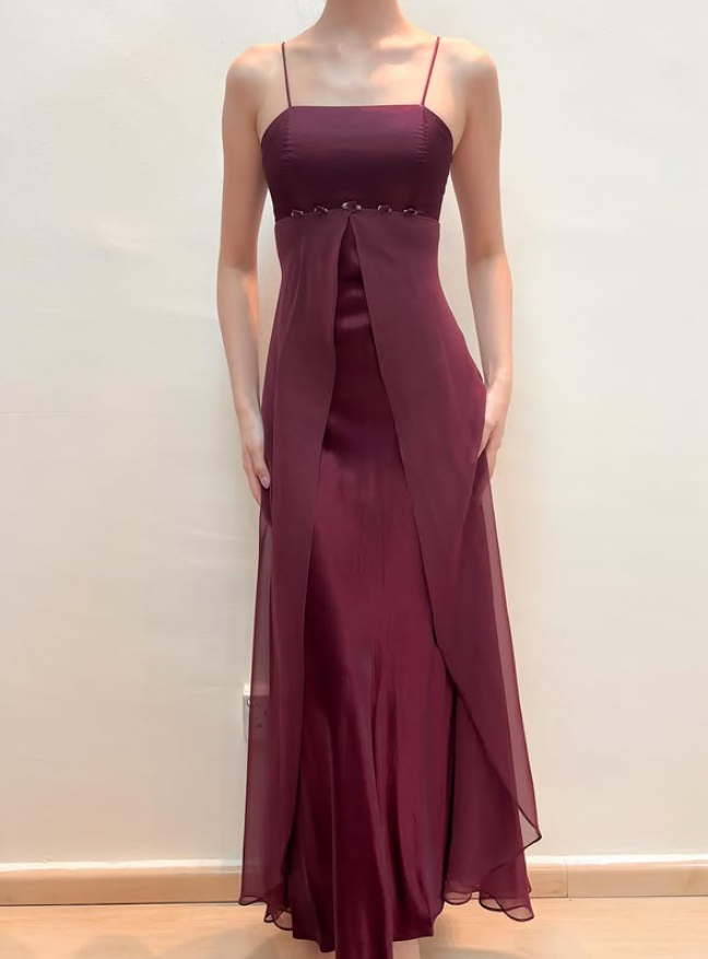Vintage Dark Burgundy A Line Chiffon Satin Prom Dress Evening Dress Date Dress DP5276