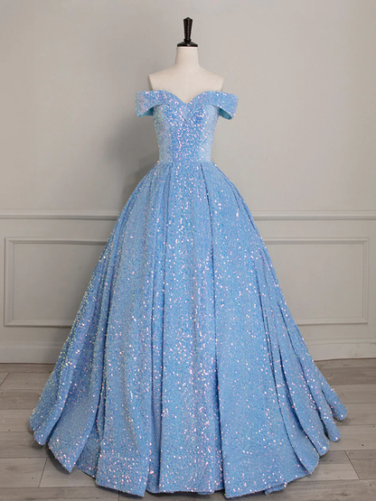 Charming Off The Shoulder Sequin Blue Long Prom Dress Formal Party Evening Dress Ball Gown DP075