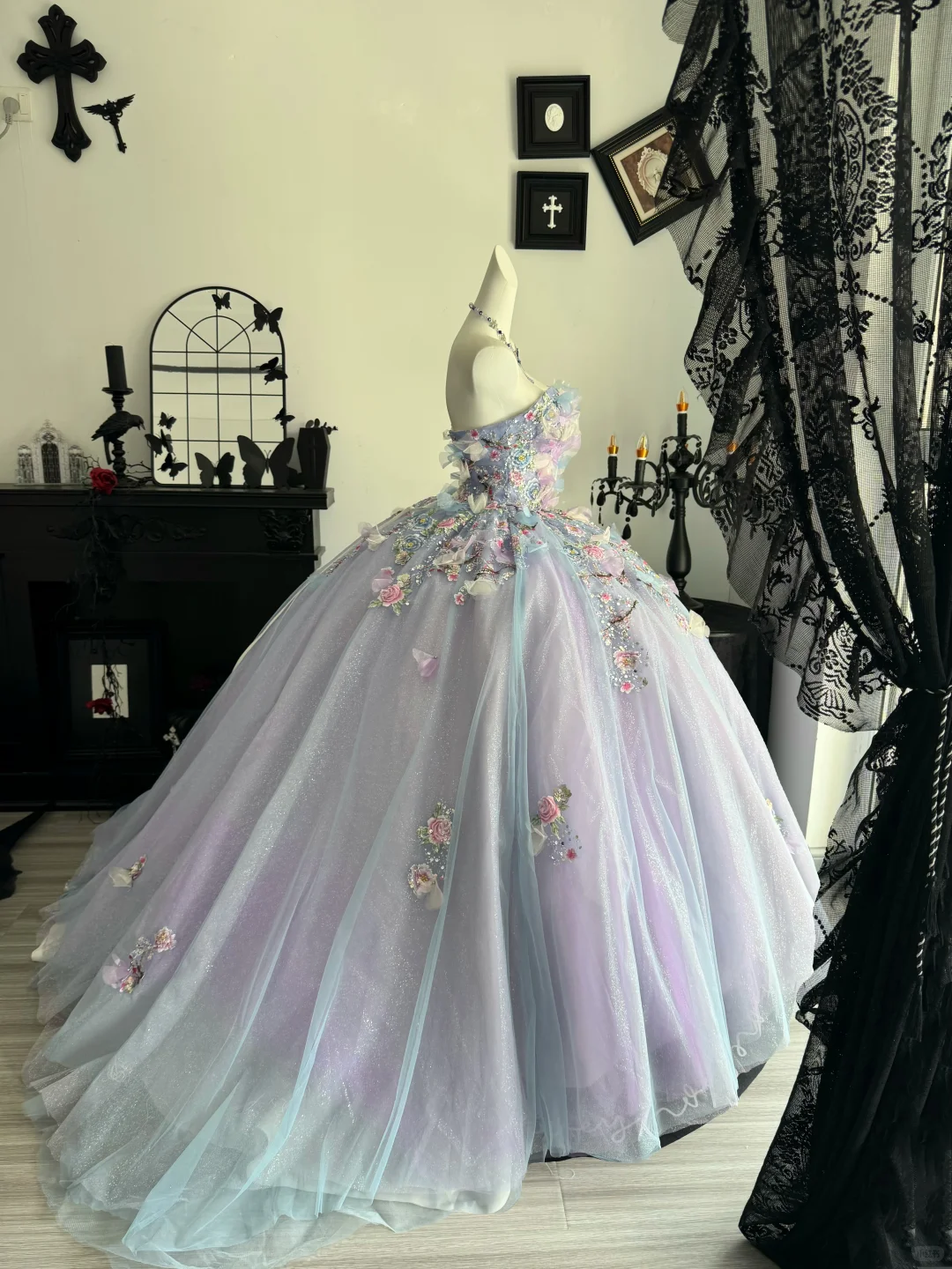 Lilac Ball Gown Sweetheart Neck Floral Tulle Prom Dress Quinceanera Dress DP6967