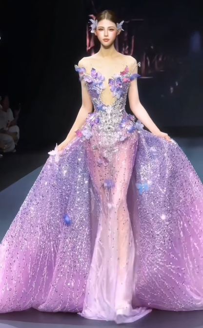 Dreamy Purple Mermaid Strapless Exquisite Rhinestone Floral Tulle Prom Dress DP4634