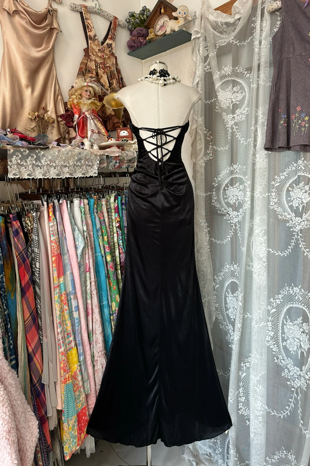 Black Vintage Mermaid Halter Satin Open Back Prom Dress DP4850