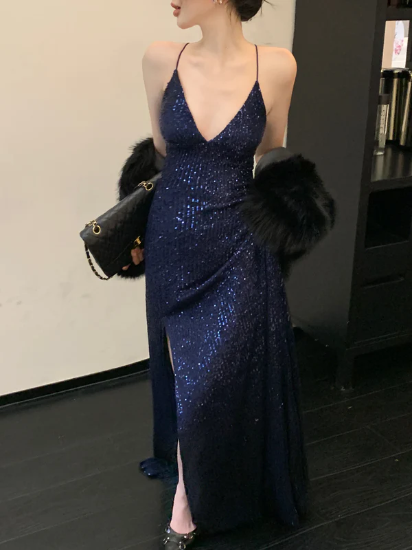 Shiny Navy Blue A Line Suspender Waist Slim Fit Sequin Maxi Prom Dress with Slit DP4837