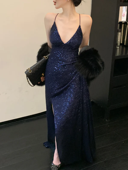 Shiny Navy Blue A Line Suspender Waist Slim Fit Sequin Maxi Prom Dress with Slit DP4837