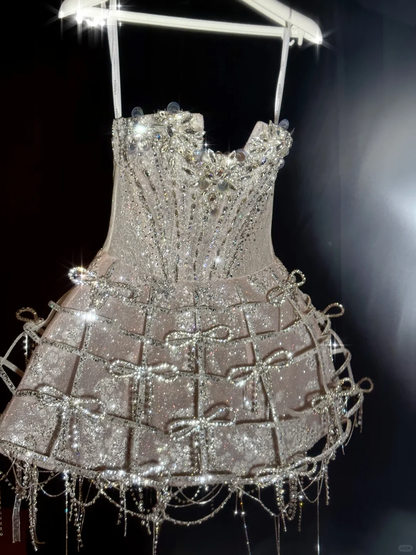 Shiny A Line Strapless Rhinestone Sequin Tulle Short Homecoming Dress Cocktail Dress with Bow DP2642