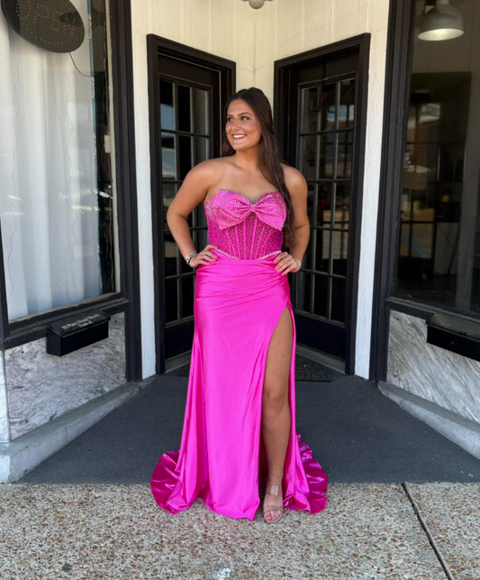 Hot Pink Sheath Strapless Bow Beaded Satin Slit Prom Dress Party Evening Dress DP6298