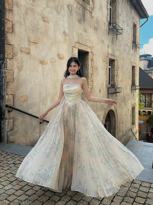 Gentle A Line Strapless Print Floral Chiffon Prom Dress 16th Birthday Dress DP3974
