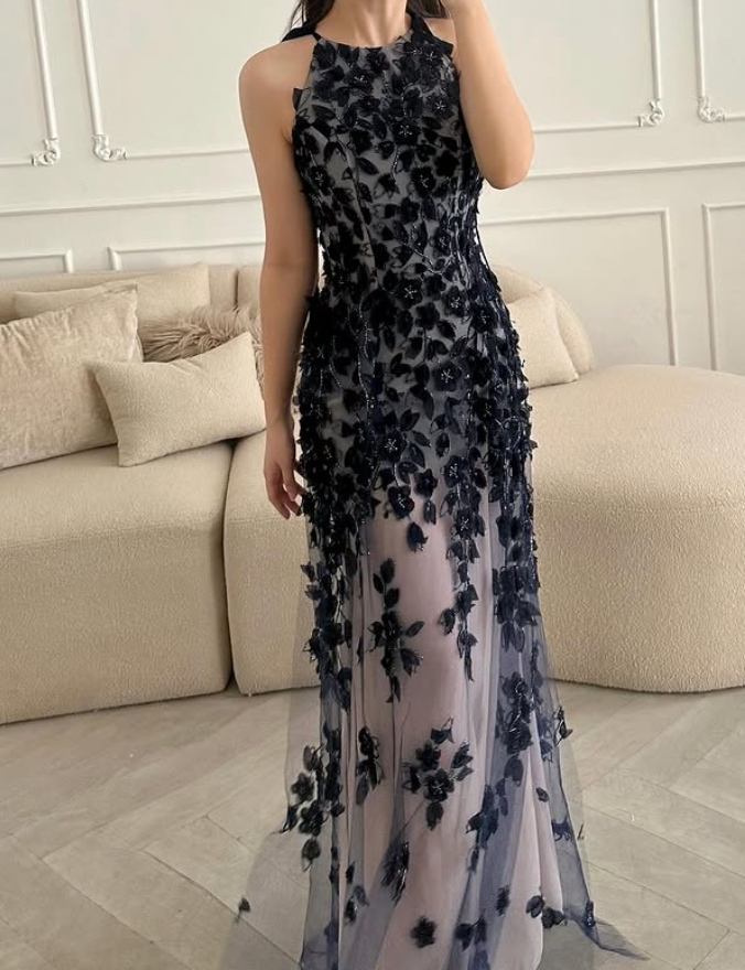 Black A Line Halter Appliques Tulle Prom Dress Evening Dress DP5775