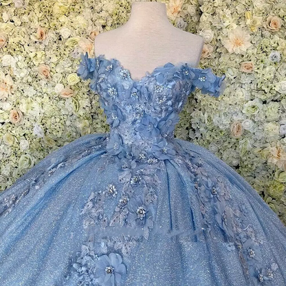 Blue Princess Off Shoulder Long Formal Prom Dress Flowers Appliques Quinceanera Dress Ball Gown DP699