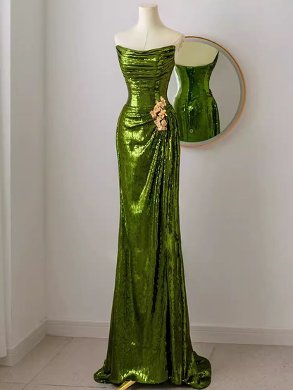 Sparkly Mermaid Strapless Long Sequin Green Prom Dress DP153