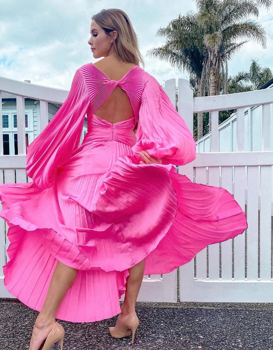 Hot Pink A Line V Neck Long Sleeve Satin Prom Dress Evening Dress DP1592